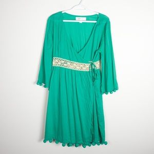 Anthropologie Lilka Green Wrap Dress Pom Pom M